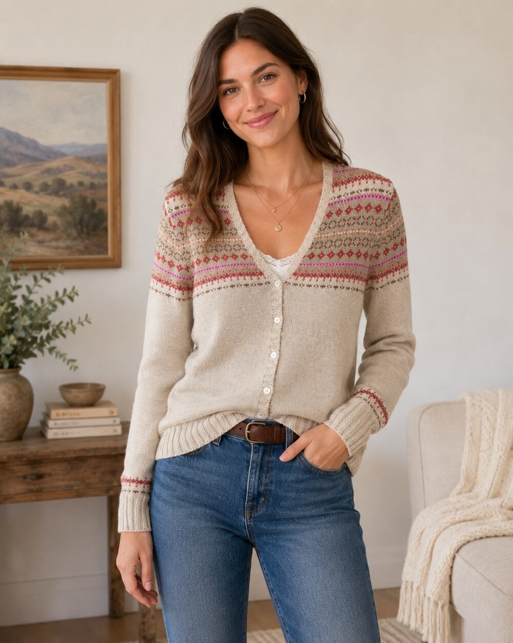 Lands' End SZ M 8/10 VTG Cotton V Neck Fair Isle Long Sleeve Cardigan Sweater
